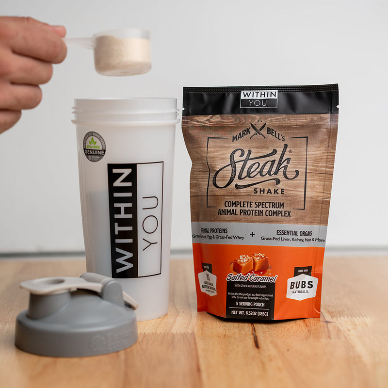 Load image into Gallery viewer, Within You - In 5 Serving Travel Size - Mark Bell's Steak Shake- Complete Spectrum Animal Protein Powder Complex