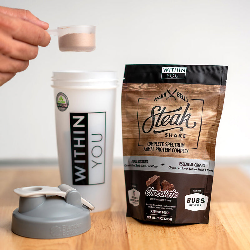 Load image into Gallery viewer, Within You - In 5 Serving Travel Size - Mark Bell's Steak Shake- Complete Spectrum Animal Protein Powder Complex
