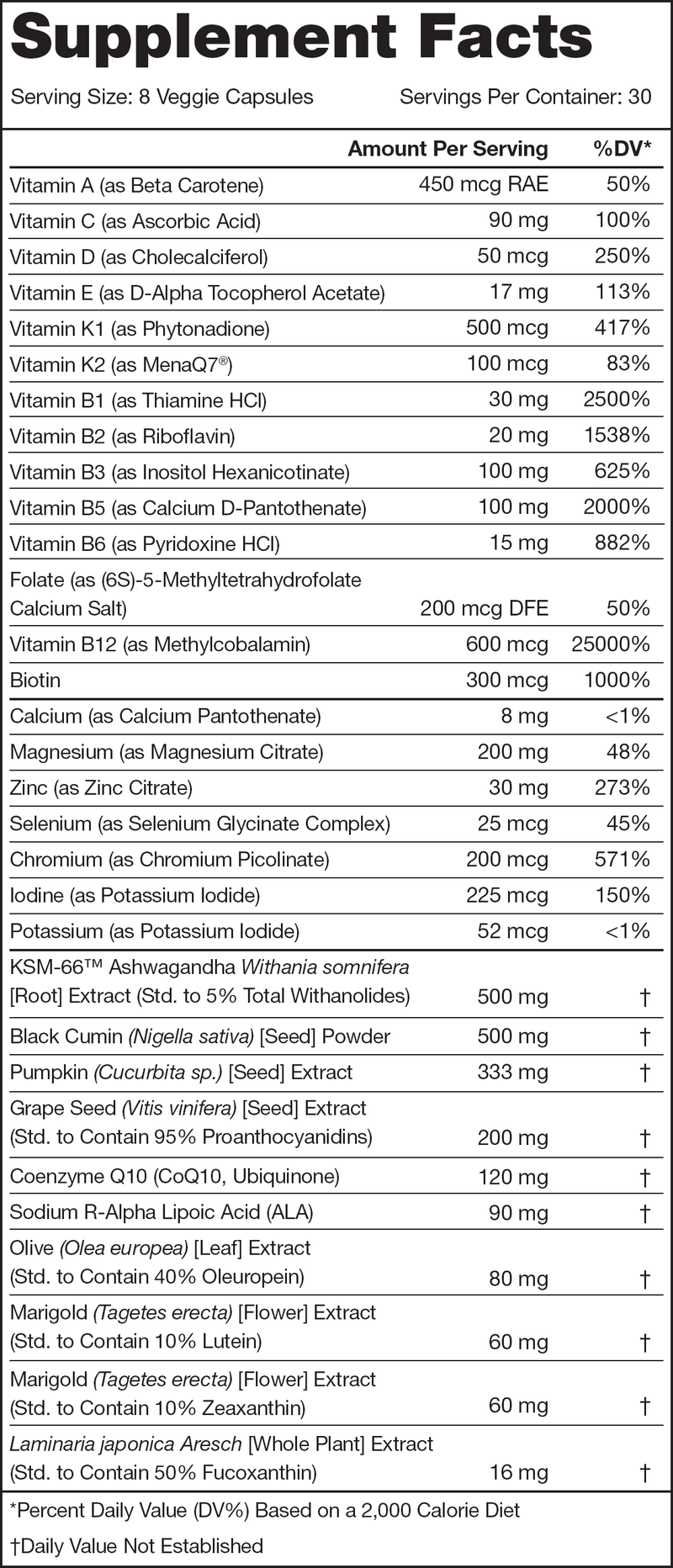 Load image into Gallery viewer, Legion Triumph Multivitamin for Men - Supplement Facts label with full ingredient list and clinical doses