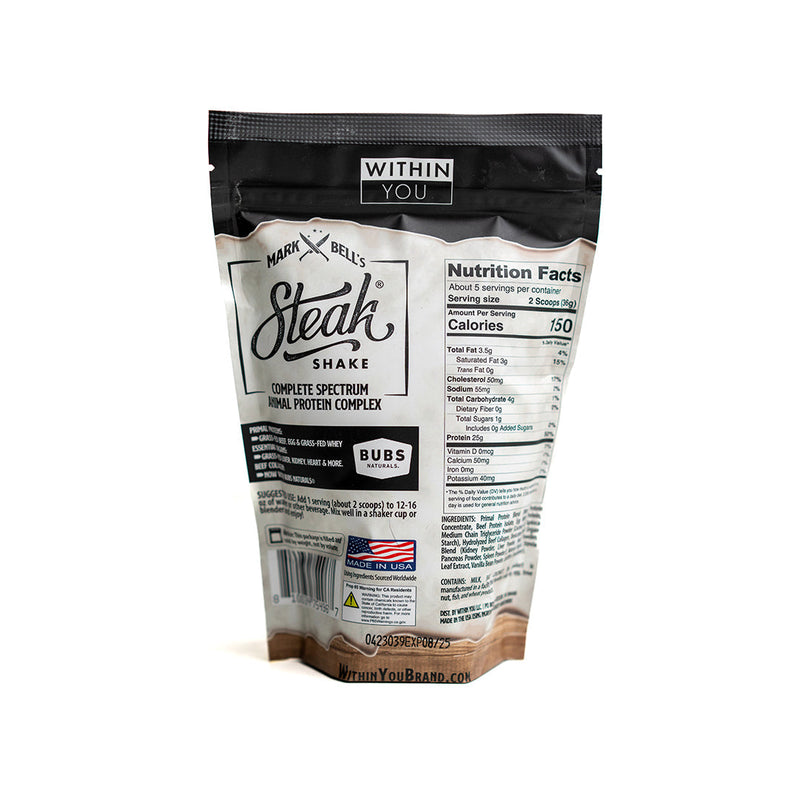Load image into Gallery viewer, Within You - In 5 Serving Travel Size - Mark Bell's Steak Shake- Complete Spectrum Animal Protein Powder Complex
