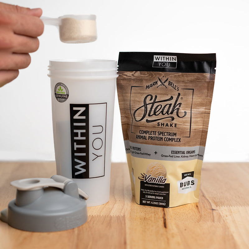 Load image into Gallery viewer, Within You - In 5 Serving Travel Size - Mark Bell's Steak Shake- Complete Spectrum Animal Protein Powder Complex