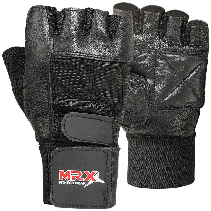 Load image into Gallery viewer, MRX - Weight Lifting Gloves With Long Wrist Strap Genuine Leather Black All Sizes