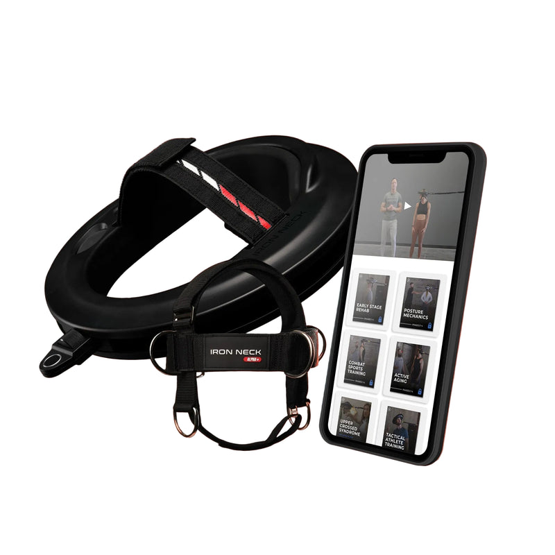 Load image into Gallery viewer, A promotional image featuring a black Iron Neck 3.0 Pro Alpha Harness Plus combo with a smartphone displaying content related to neck training.