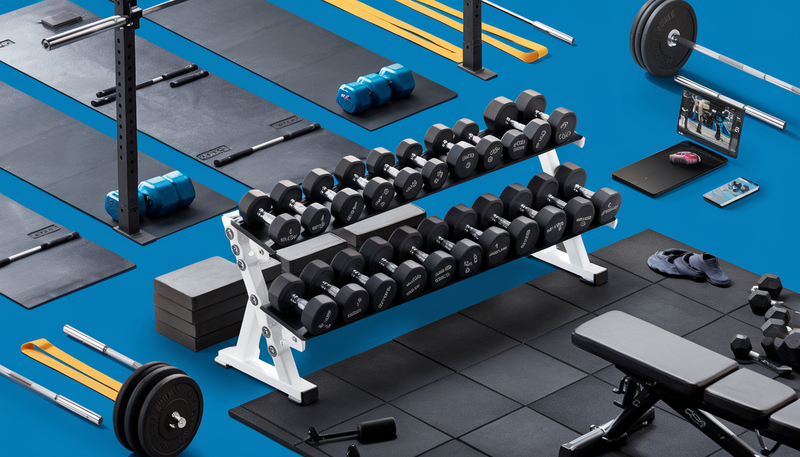 A modern home gym setup featuring a dumbbell rack, gym mats, resistance bands, and a digital device displaying a workout.