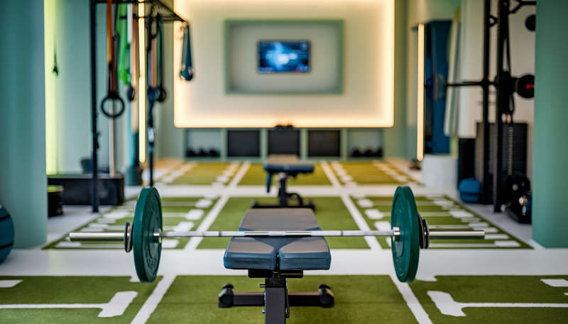 A cozy home gym with a variety of fitness equipment, including a barbell on a weight bench, resistance bands, gym mats, and a digital workout interface on a wall-mounted screen.