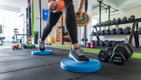 A person performing a leg workout using gliding discs in a modern home gym setting with gym mats, resistance bands, and neatly arranged weights in the background.