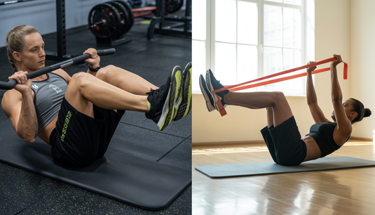 Split-screen of an athlete in a gym and a person at home performing lying leg curls, illustrating exercise versatility.