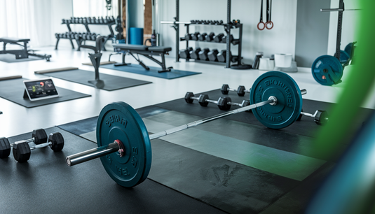 Modern home gym with a sleek barbell, dumbbells, weight bench, and a digital workout screen in a spacious, well-lit room.