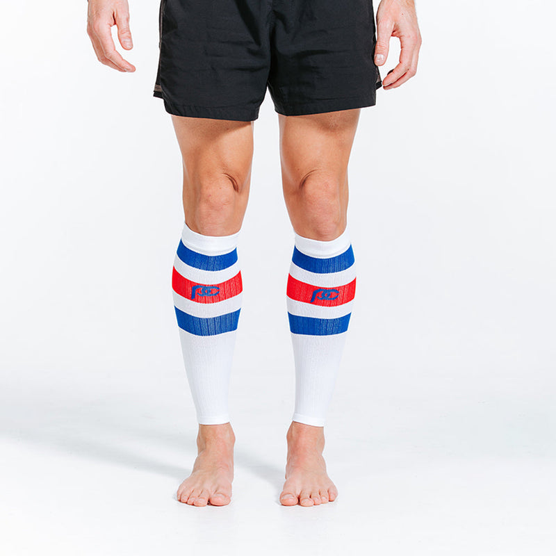 Load image into Gallery viewer, Calf Sleeves, White, Red and Blue Stripe
