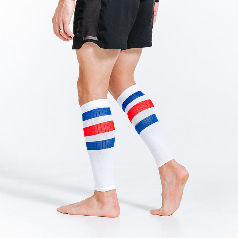 Load image into Gallery viewer, Calf Sleeves, White, Red and Blue Stripe
