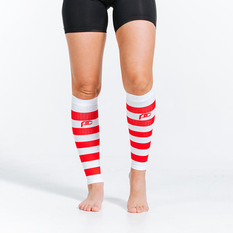 Load image into Gallery viewer, Calf Sleeves, White and Red Stripe
