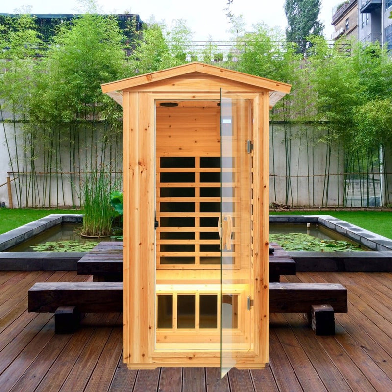 Load image into Gallery viewer, SAKSBY - 1-Person Ultra Low EMF Outdoor FAR Infrared Heat Hemlock Wood Personal Home Spa Sauna, 1560W (SAK28461)
