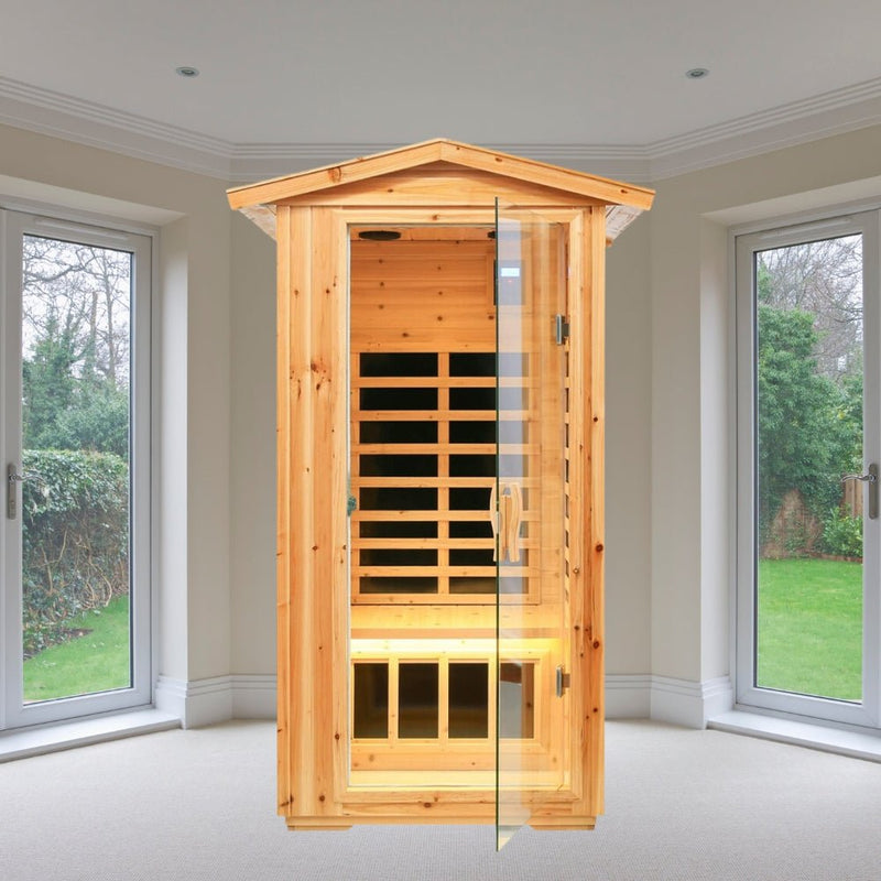 Load image into Gallery viewer, SAKSBY - 1-Person Ultra Low EMF Outdoor FAR Infrared Heat Hemlock Wood Personal Home Spa Sauna, 1560W (SAK28461)
