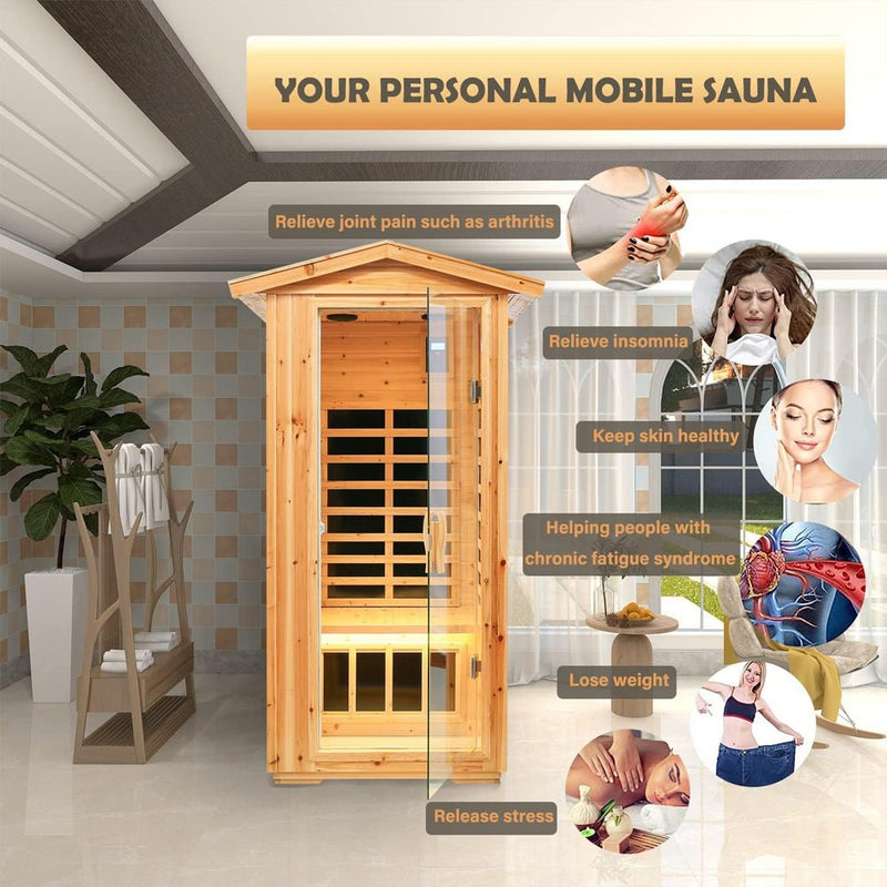 Load image into Gallery viewer, SAKSBY - 1-Person Ultra Low EMF Outdoor FAR Infrared Heat Hemlock Wood Personal Home Spa Sauna, 1560W (SAK28461)
