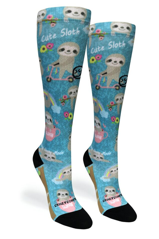 Crazy Compression - Aqua Cute Sloths - (Standard & Extra Wide)