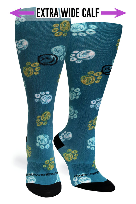 Crazy Compression - Best Frens Paw Prints Dk Teal - (Standard & Extra Wide)