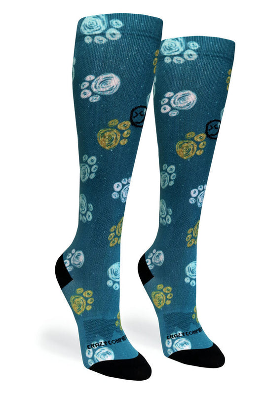 Crazy Compression - Best Frens Paw Prints Dk Teal - (Standard & Extra Wide)