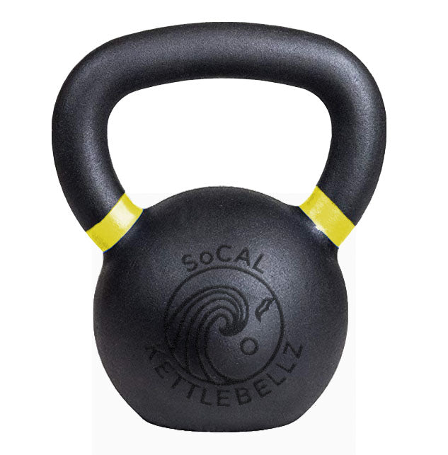 Load image into Gallery viewer, Black kettlebell with yellow bands on a white background
