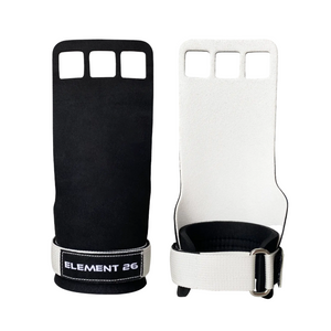 A pair of black and white gymnastics grips with three-finger hole design and a neoprene strap, branded with 'ELEMENT 26'.