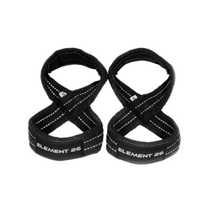 Two black wrist straps with white text on a light gray background