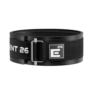 A black leather weightlifting belt with the brand logo 'Element 26' on the buckle.