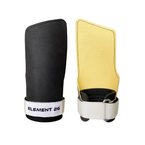 A pair of Element 26 gymnastic hand grips, one black and one yellow, displayed against a white background.