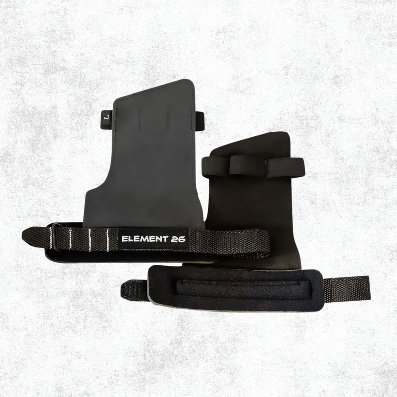 Load image into Gallery viewer, A pair of black Element 26 IsoGrip Gymnastic Hand Grips with straps and the brand name visible on the grips.
