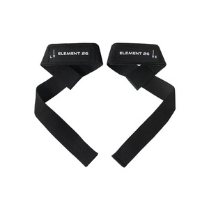A pair of black wristlifting straps with the text 'ELEMENT 26' printed on them.