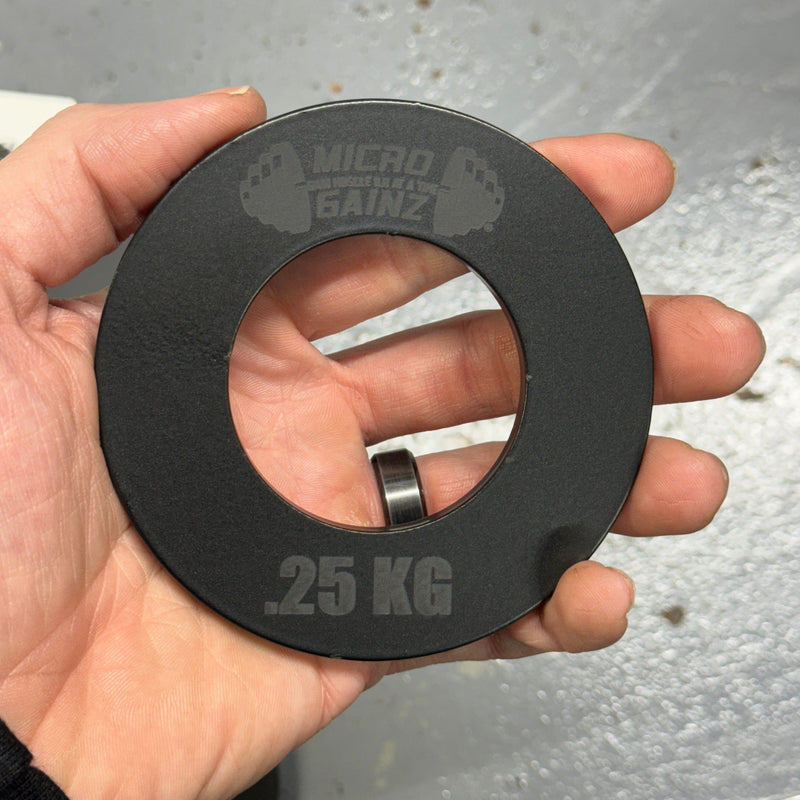 Load image into Gallery viewer, Micro Gainz - Olympic Size Kilogram Fractional Weight Plates Set of 4 Steel Plates (2-.25KG and 2-.50KG)
