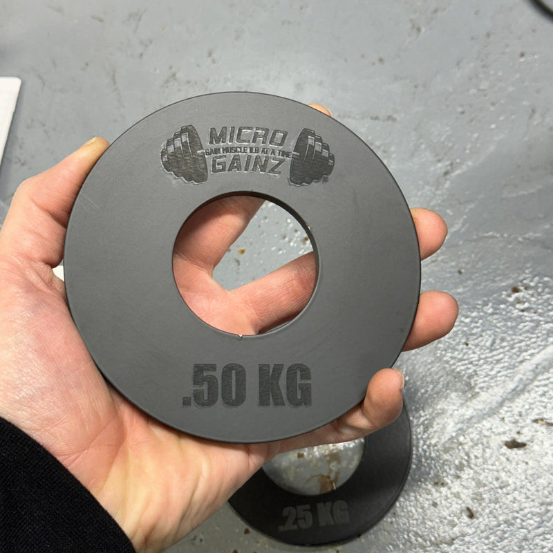 Load image into Gallery viewer, Micro Gainz - Olympic Size Kilogram Fractional Weight Plates Set of 4 Steel Plates (2-.25KG and 2-.50KG)
