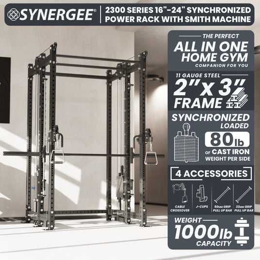 Synergee - 2300 Series Power Cage with Synchronized Loaded Cable Cross Overs and Smith Machine