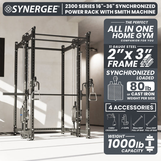Synergee - 2300 Series Power Cage with Synchronized Loaded Cable Cross Overs and Smith Machine