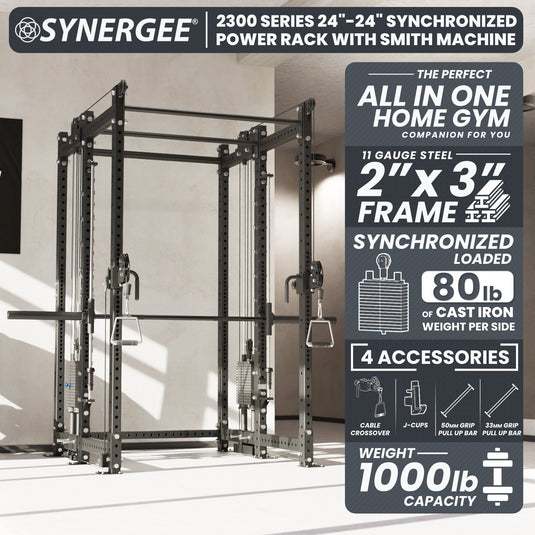 Synergee - 2300 Series Power Cage with Synchronized Loaded Cable Cross Overs and Smith Machine