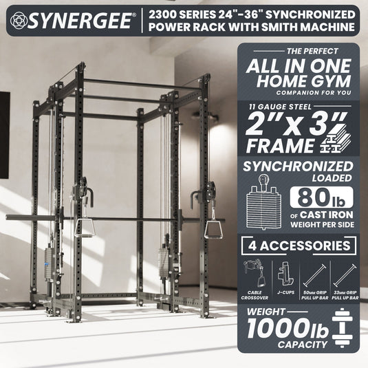 Synergee - 2300 Series Power Cage with Synchronized Loaded Cable Cross Overs and Smith Machine