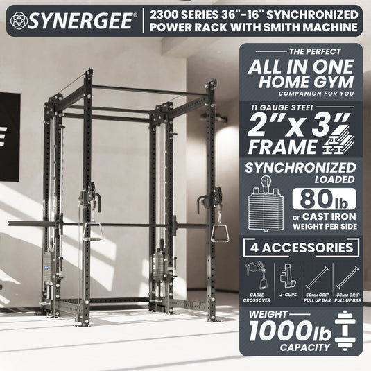 Synergee - 2300 Series Power Cage with Synchronized Loaded Cable Cross Overs and Smith Machine