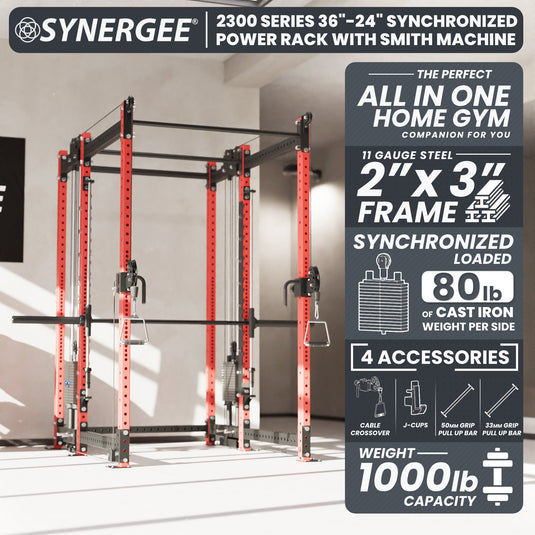 Synergee - 2300 Series Power Cage with Synchronized Loaded Cable Cross Overs and Smith Machine