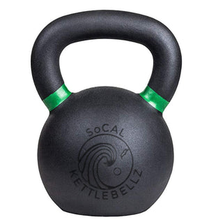 Black kettlebell with green accents and 'Socal Kettlebellz' branding on a white background