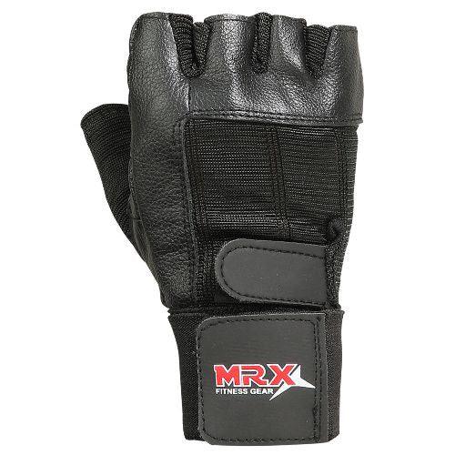 MRX - Weight Lifting Gloves With Long Wrist Strap Genuine Leather Black All Sizes