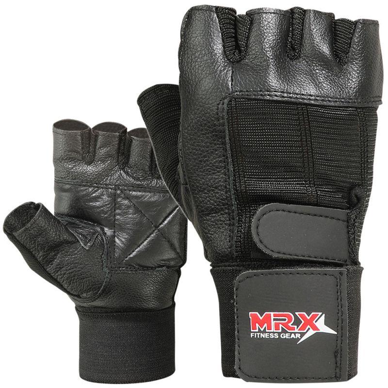 Load image into Gallery viewer, MRX - Weight Lifting Gloves With Long Wrist Strap Genuine Leather Black All Sizes
