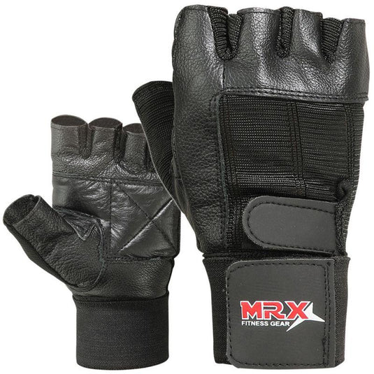 MRX - Weight Lifting Gloves With Long Wrist Strap Genuine Leather Black All Sizes