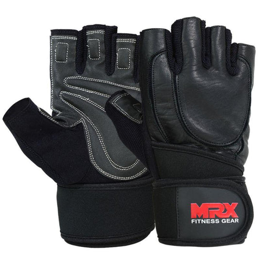 MRX - Weight Lifting Gloves Long Wrist Straps Gym Training Leather Black All Sizes