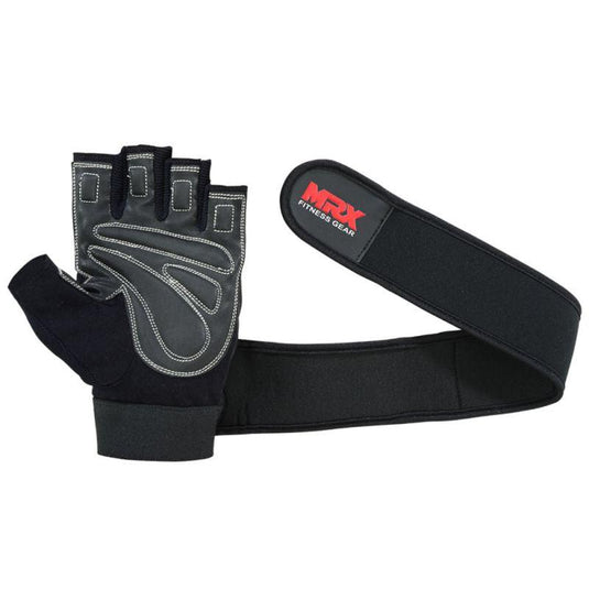 MRX - Weight Lifting Gloves Long Wrist Straps Gym Training Leather Black All Sizes