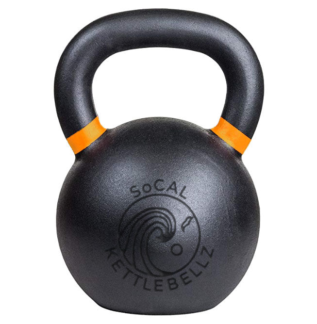 Load image into Gallery viewer, Black kettlebell with orange accents and 'Socal Kettlebellz' branding on a white background
