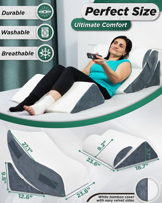 LX5 4pcs Orthopedic Bed Wedge Pillow System, with Hot Cold Pack Navy