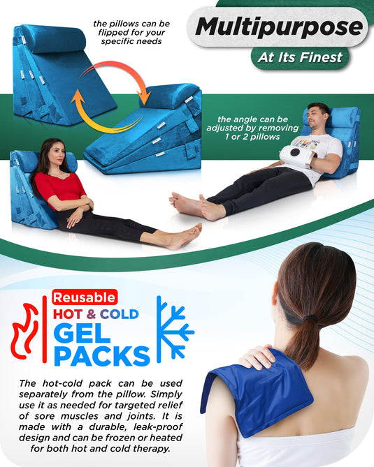 Lunix - LX11 5pcs Orthopedic Bed Wedge Pillow System, with Hot Cold Pack Blue