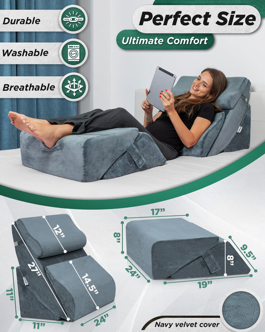 LX13 6pcs Orthopedic Bed Wedge Pillow System, with Hot Cold Pack Navy