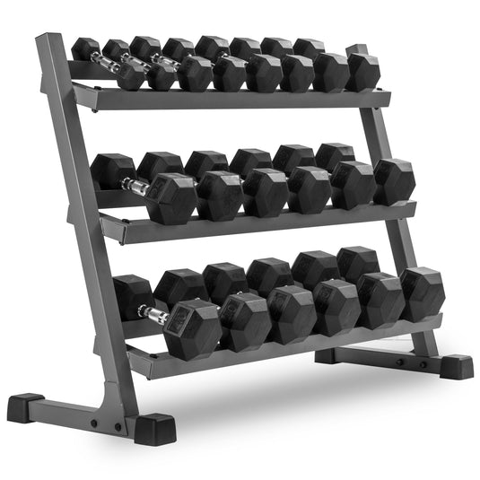 XMARK - 10-Pairs, 5 to 50 lbs. Hex Dumbbells Includes 3-Tier Storage Rack