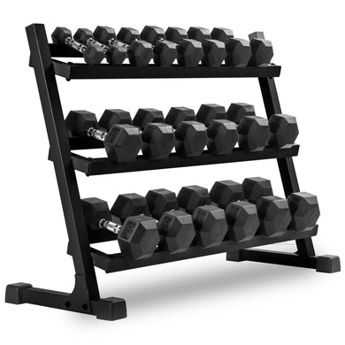 XMARK - 10-Pairs, 5 to 50 lbs. Hex Dumbbells Includes 3-Tier Storage Rack