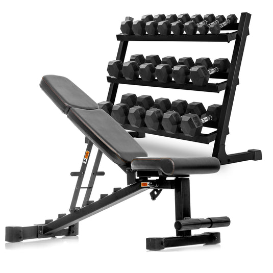 XMARK - 5-50 lb Hex Dumbbell Set with Rack and Weight Bench
