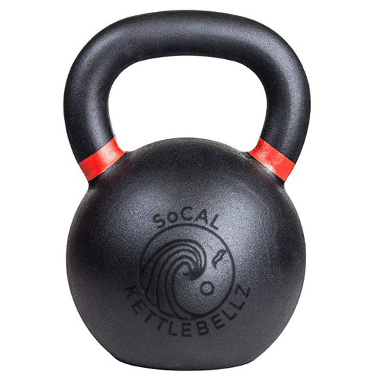 Black kettlebell with red accents on a white background